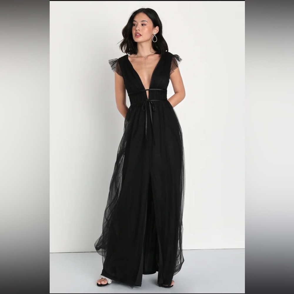 NWT Lulus I’m All Yours Black Tulle Ruffled Maxi Dress